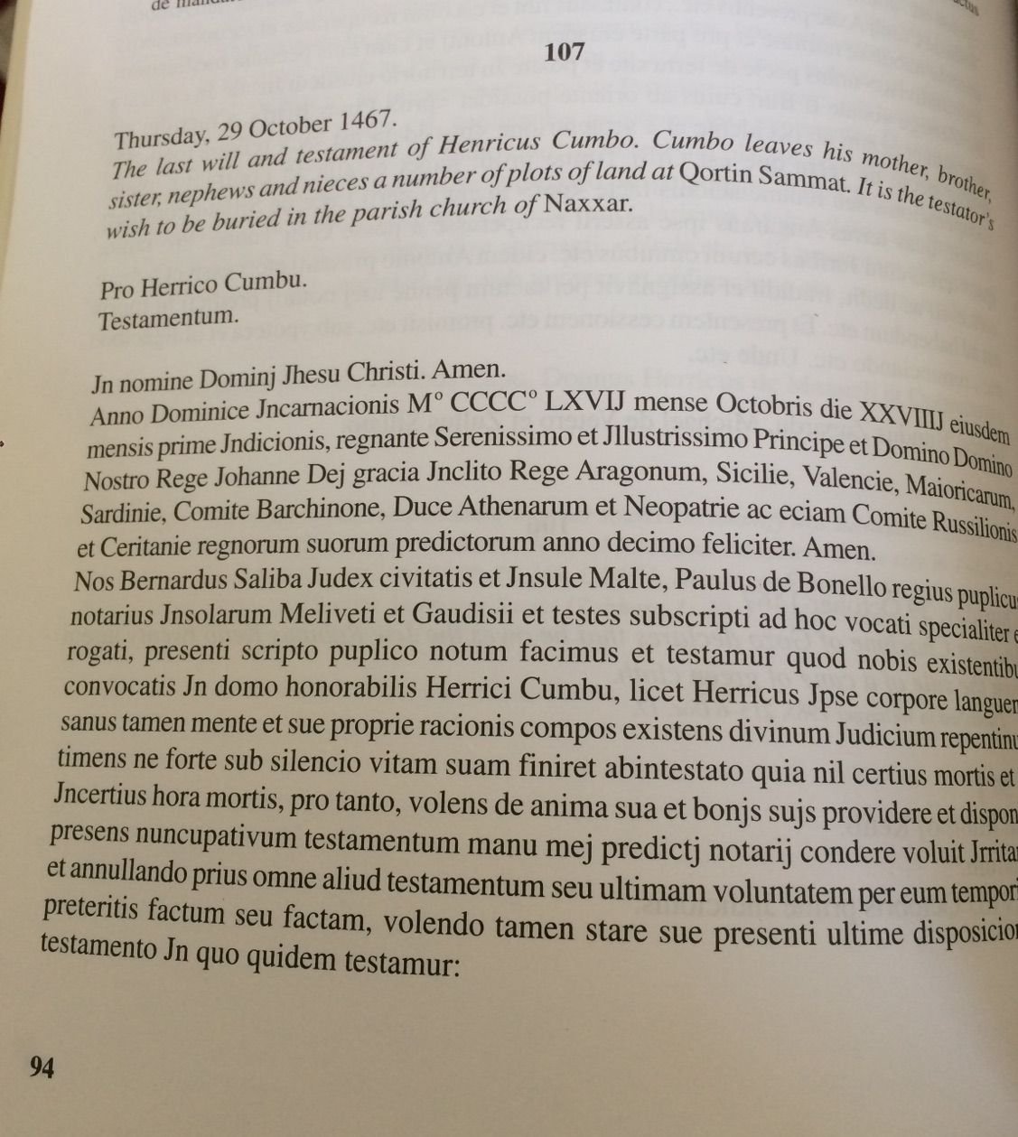 Will of CUMBO Errigo in Documentary Sources of Maltese History by Stanley FIORINI Will of CUMBO Errigo in Documentary Sources of Maltese History by Stanley FIORINI